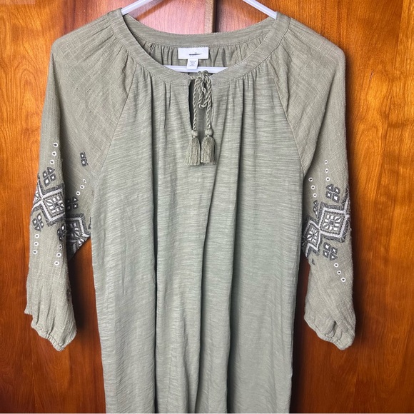 J. Jill Tops - Olive Green Boho Dress with Embroidered Sleeves
